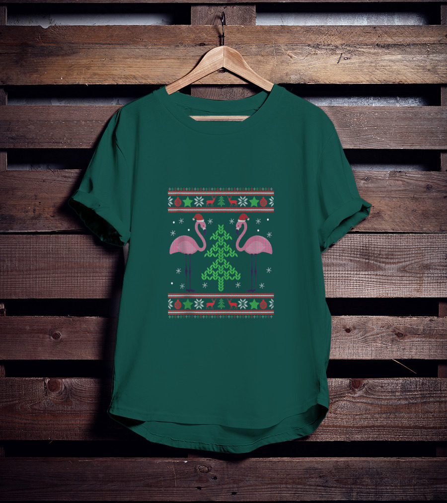 Pink Flamingos Santa Hat Christmas Tree Ugly T-Shirt