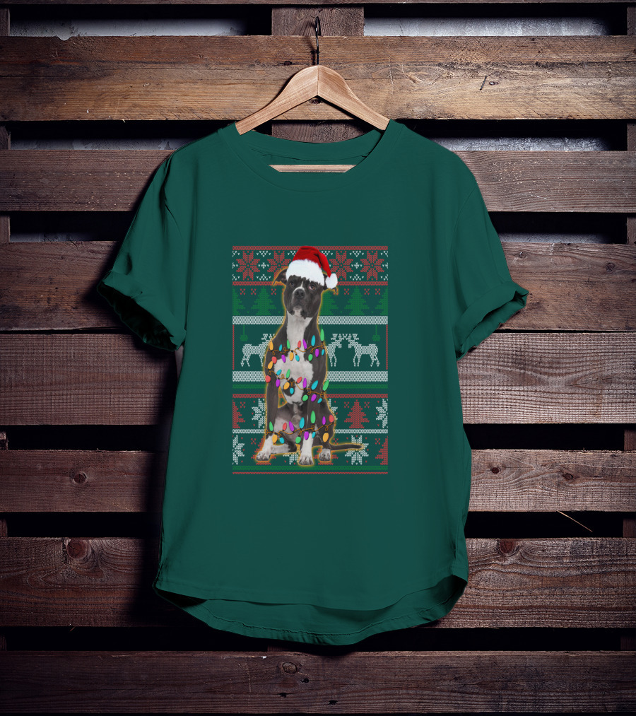 Pitbull Christmas Sweater With Santa Hat And Holiday Lights T-Shirt
