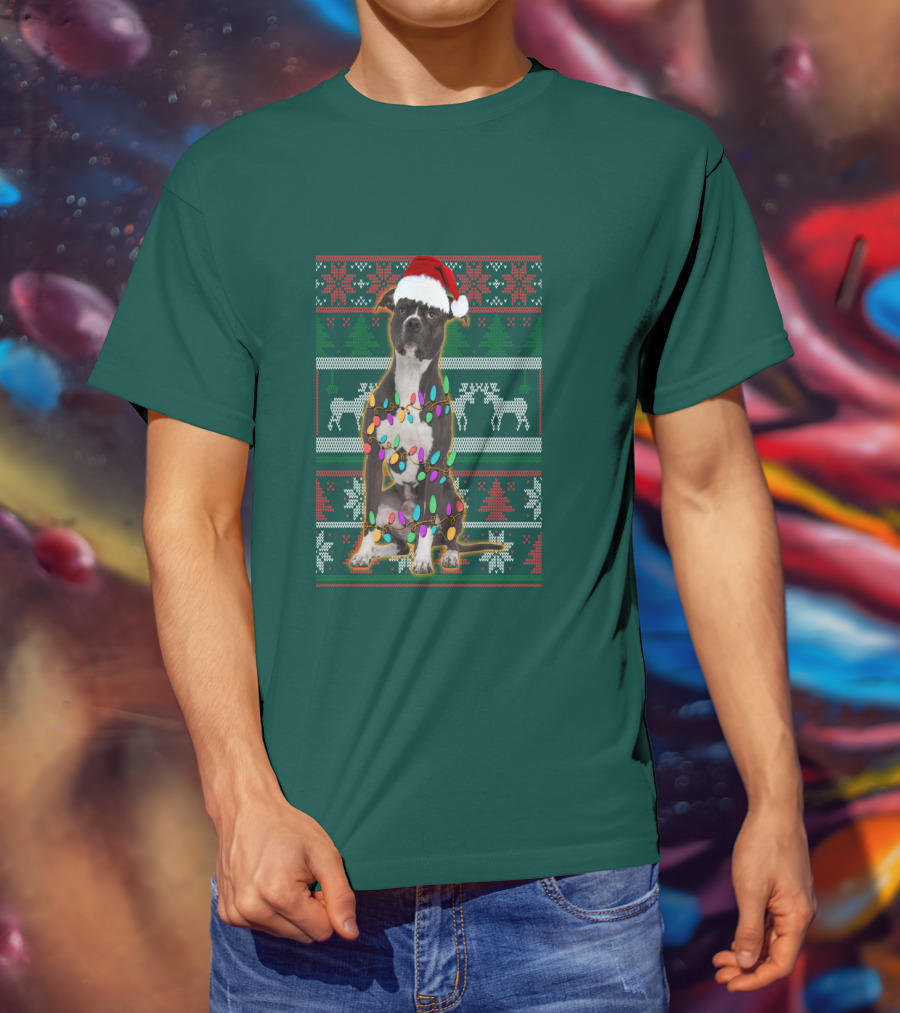 Pitbull Christmas Sweater With Santa Hat And Holiday Lights T-Shirt