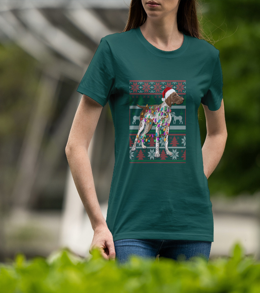 Pointer Christmas Ugly Sweater Santa Hat Lights T-Shirt