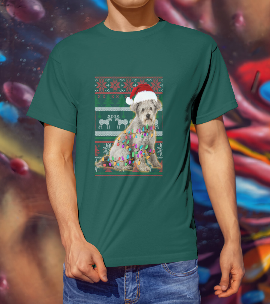 Pumi Dog Christmas Lights Santa Hat Ugly T-Shirt