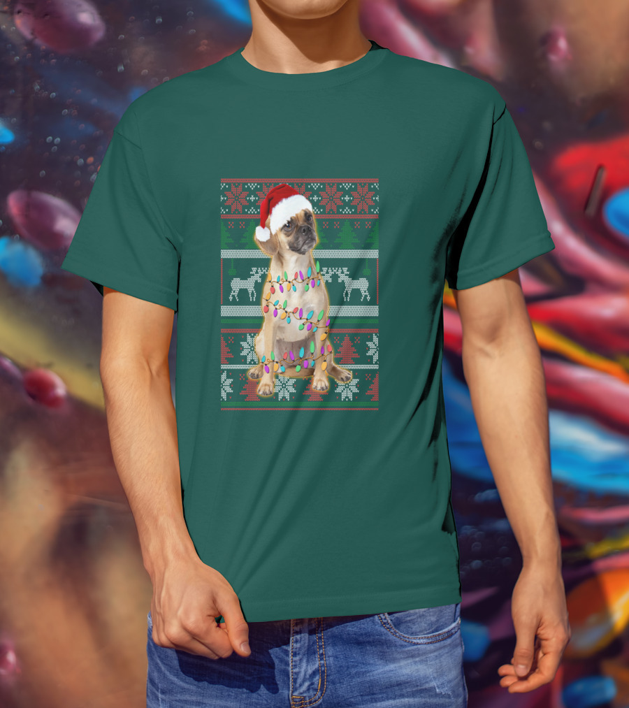 Puggle Christmas Santa Hat With Holiday Lights T-Shirt