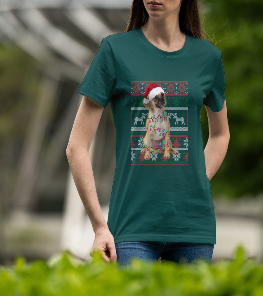 Puggle Christmas Santa Hat With Holiday Lights T-Shirt