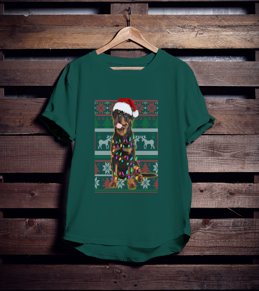 Rottweiler Christmas Lights Ugly Sweater Santa Hat Reindeer Snowflakes T-Shirt