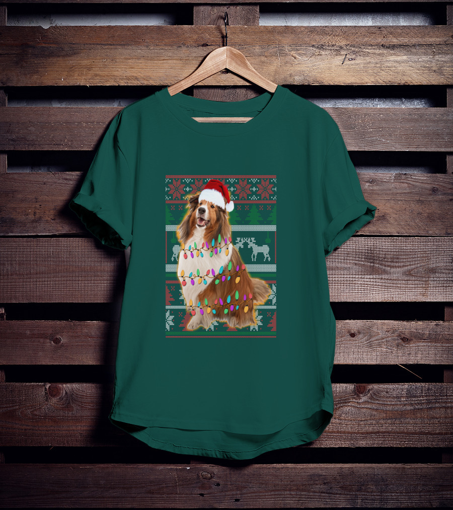 Shetland Sheepdog Christmas Lights Sweater Santa Hat Holiday Festive T-Shirt