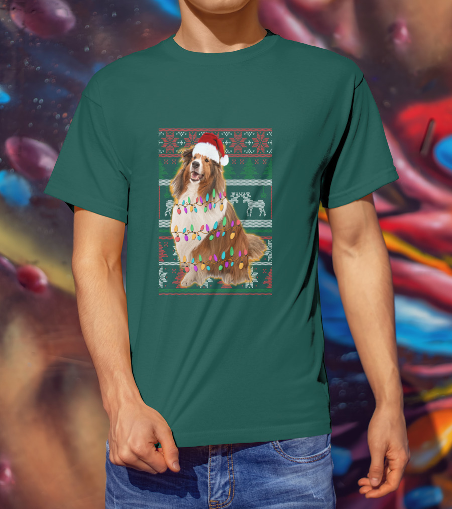 Shetland Sheepdog Christmas Lights Sweater Santa Hat Holiday Festive T-Shirt