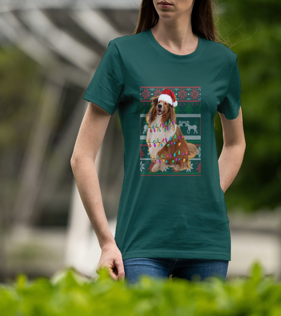 Shetland Sheepdog Christmas Lights Sweater Santa Hat Holiday Festive T-Shirt