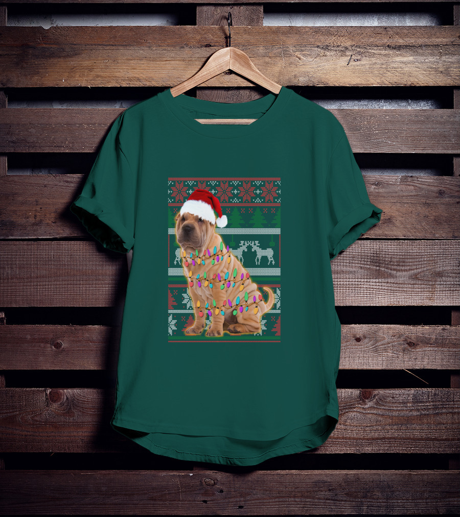 Shar Pei Christmas Lights Santa Hat Puppy T-Shirt