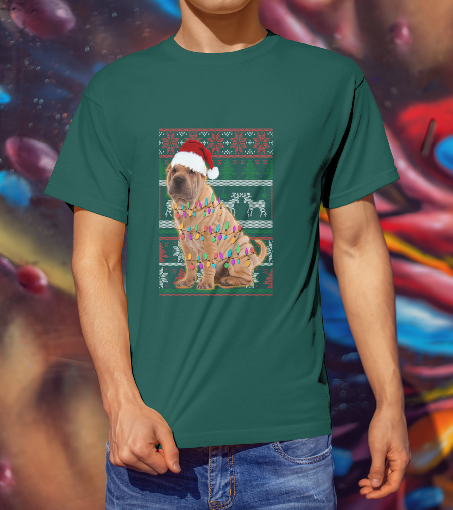 Shar Pei Christmas Lights Santa Hat Puppy T-Shirt