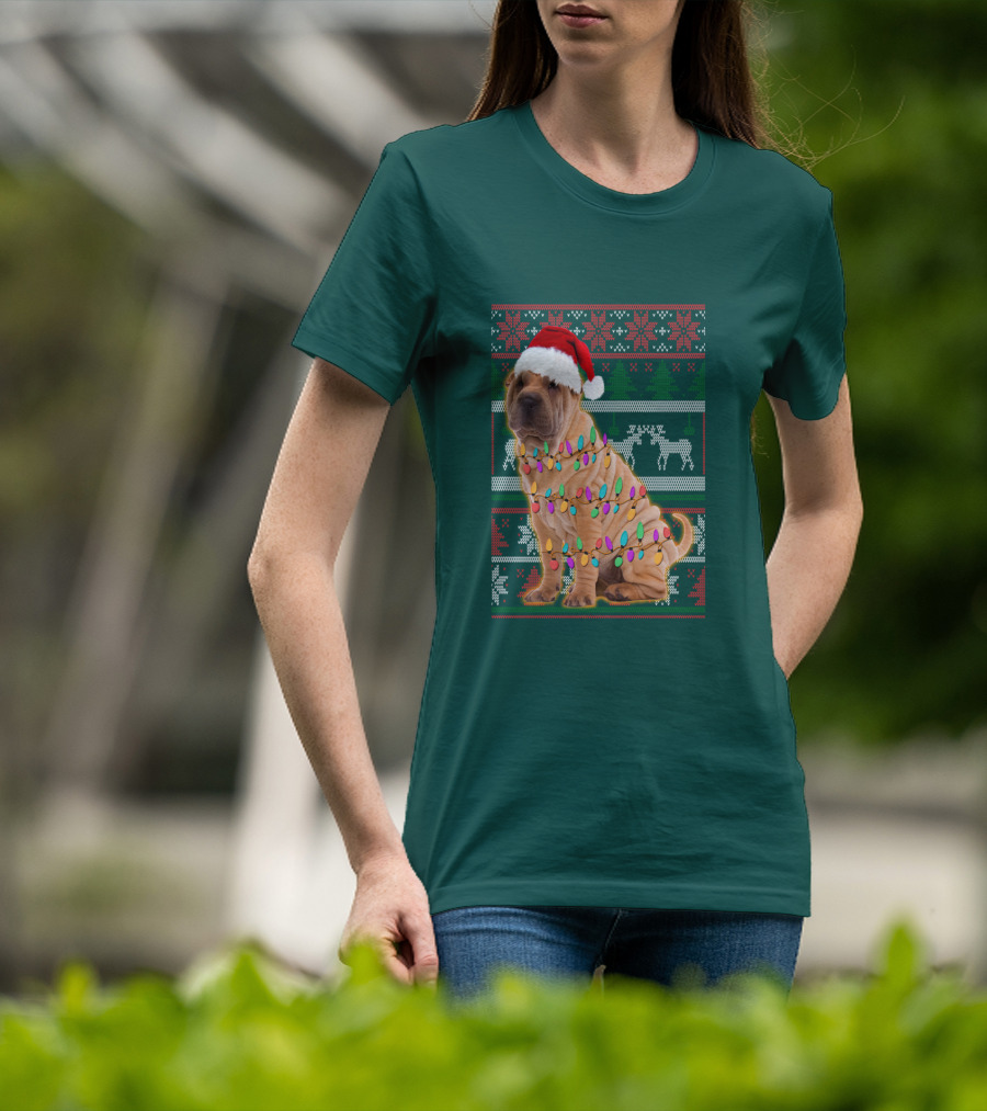 Shar Pei Christmas Lights Santa Hat Puppy T-Shirt