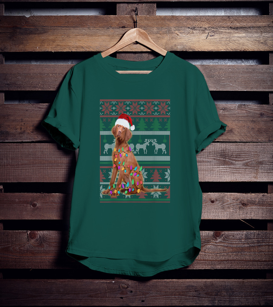 Vizsla Christmas Lights Santa Hat Ugly T-Shirt