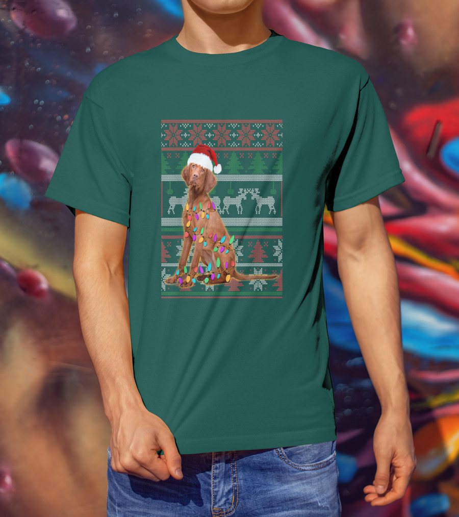 Vizsla Christmas Lights Santa Hat Ugly T-Shirt