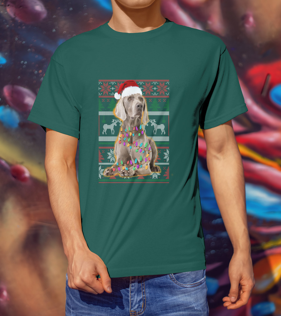 Weimaraner Christmas Lights Santa Hat Holiday T-Shirt