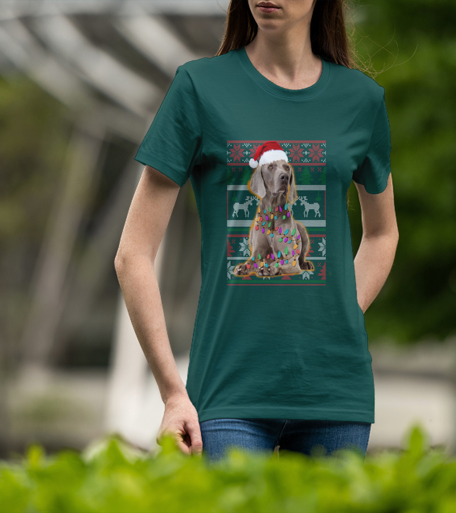Weimaraner Christmas Lights Santa Hat Holiday T-Shirt