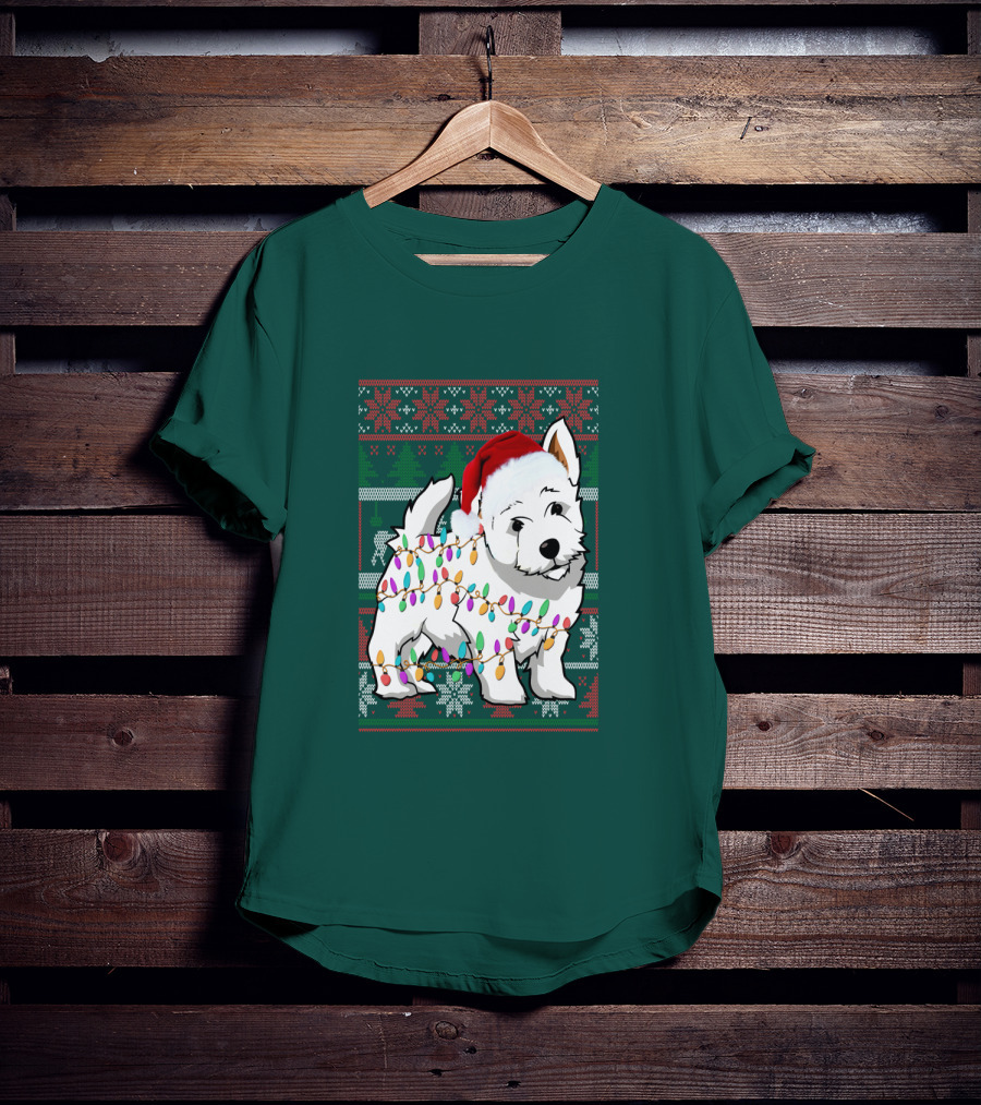 West Highland White Terrier Christmas Lights Ugly Sweater Santa Hat T-Shirt
