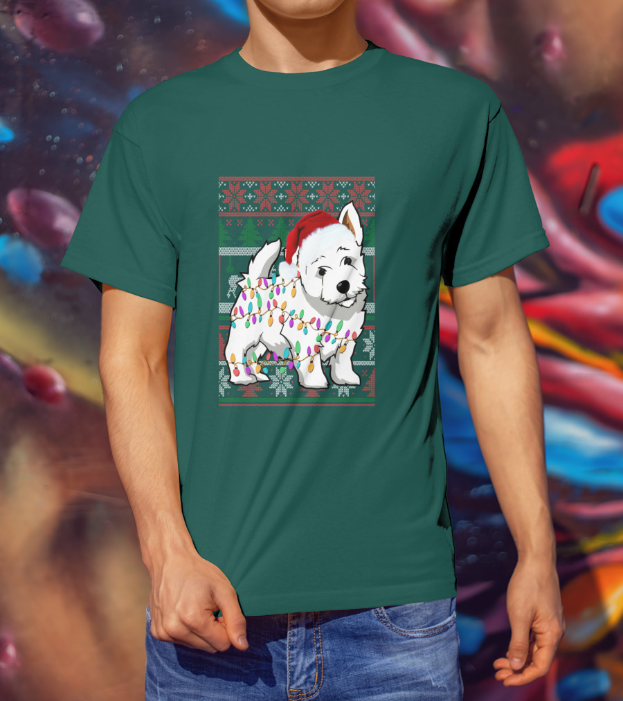 West Highland White Terrier Christmas Lights Ugly Sweater Santa Hat T-Shirt
