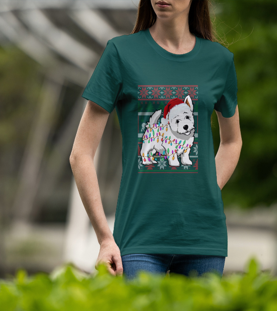West Highland White Terrier Christmas Lights Ugly Sweater Santa Hat T-Shirt