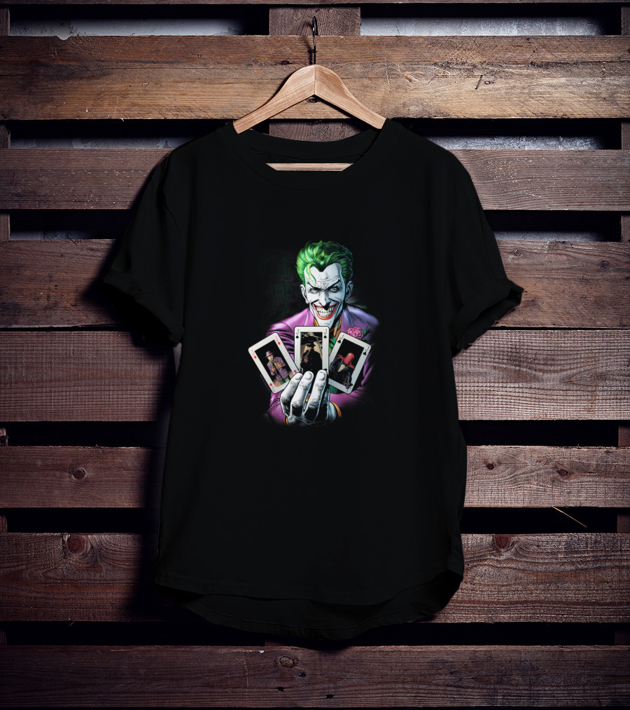 Joker Holding Batman And Red Hood Playing Cards 3 Of A Kind T-Shirt