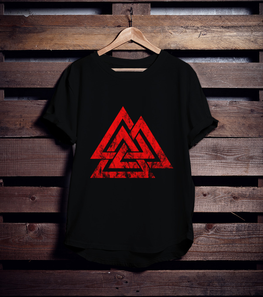 Valknut Symbol Nordic Viking Odin Sign Wicca Red Triangles T-Shirt