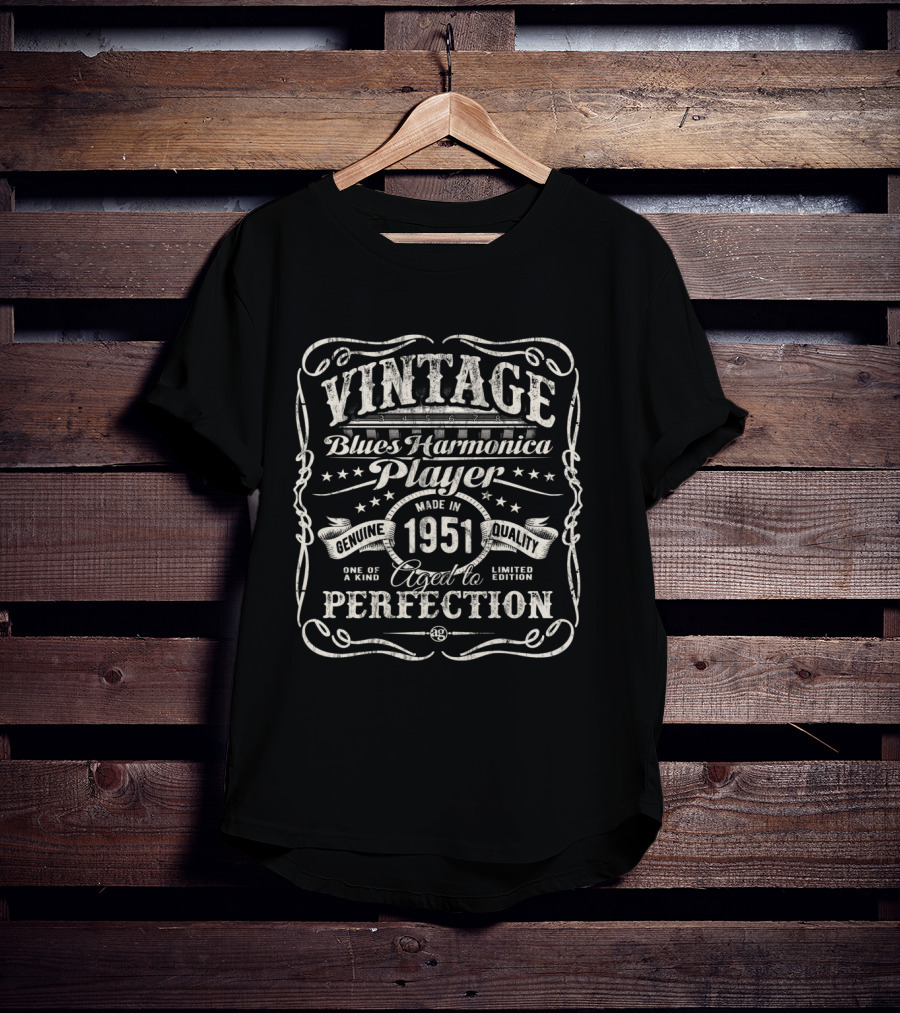 Vintage Blues Harmonica Player Made In 1951 Genuine Quality Aged To Perfection T-Shirt