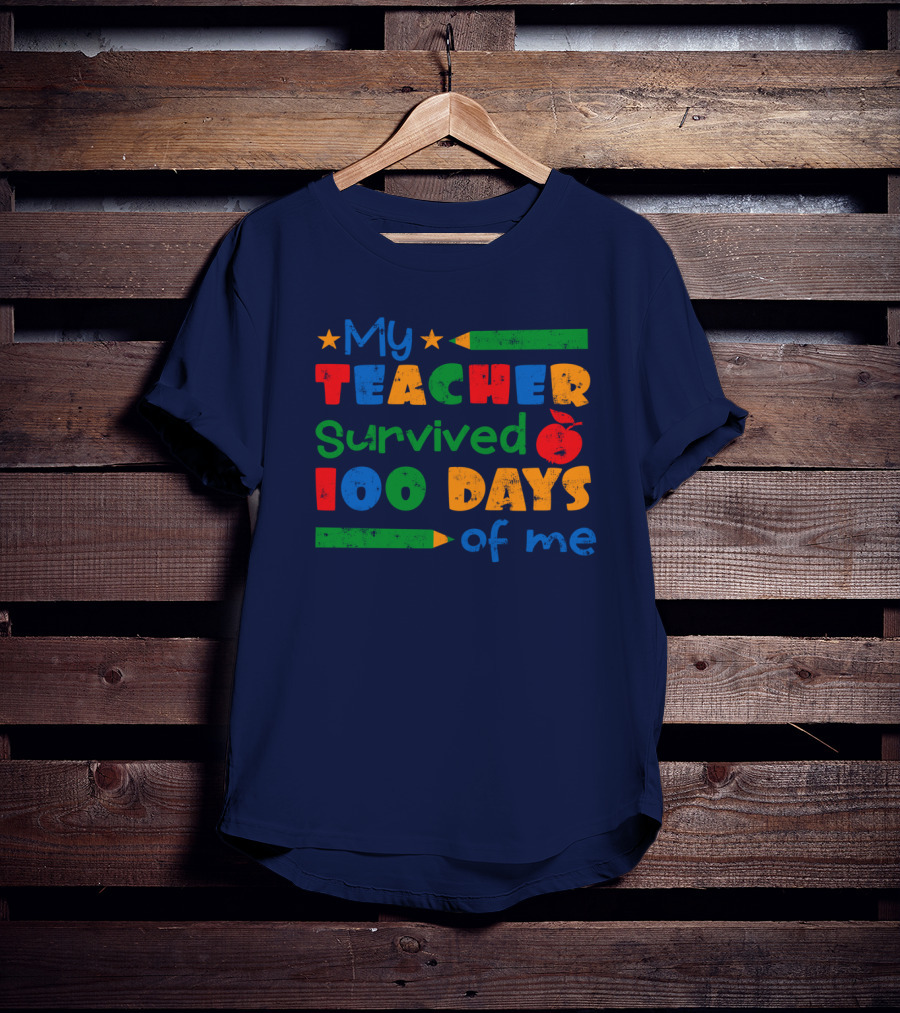 My Teacher Survived 100 Days Of Me Colorful Pencils And Apple Stars T-Shirt