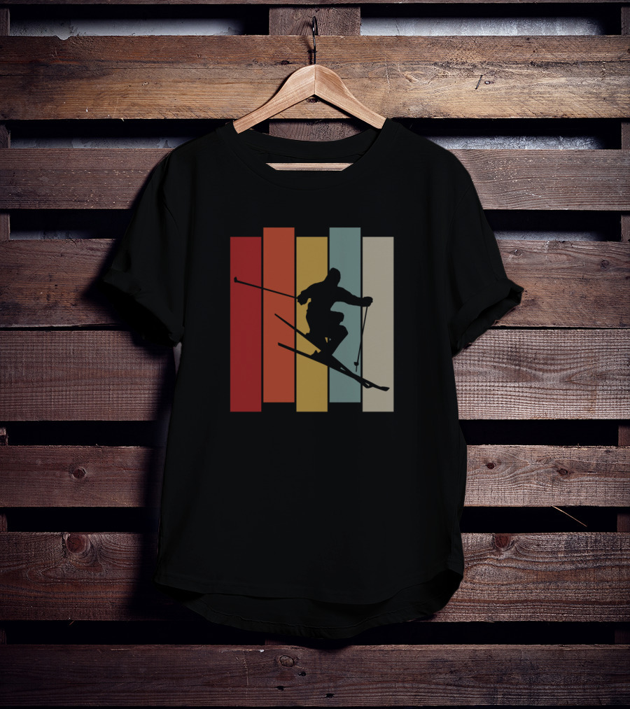 Vintage Skiing Silhouette On Colorful Retro Stripes T-Shirt