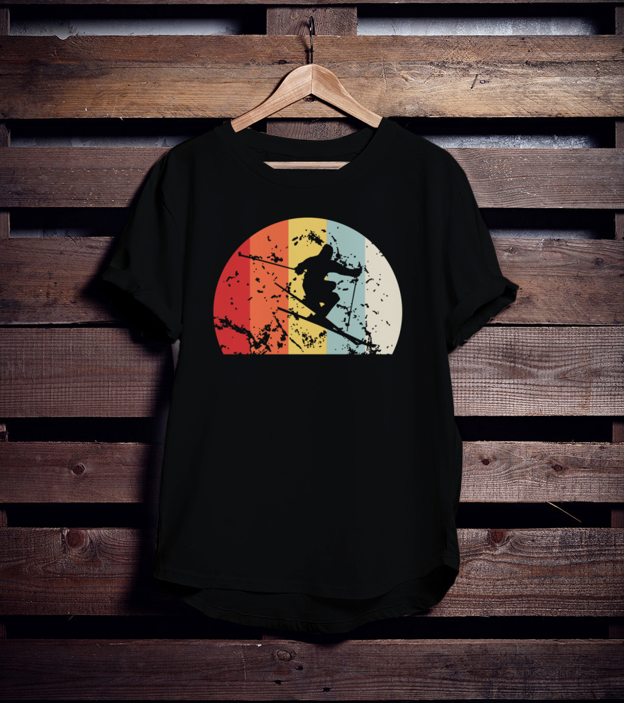 Retro Vintage Skiing Silhouette With Colorful Sunset Stripes T-Shirt