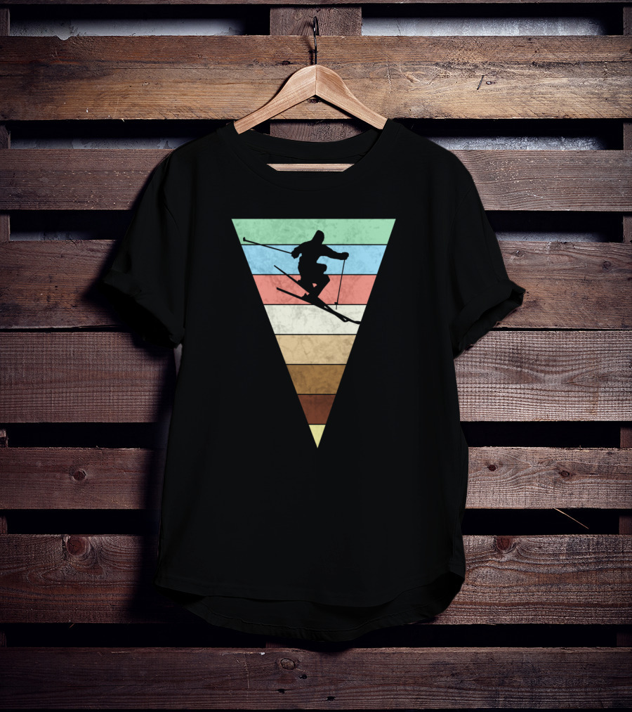Skiing Vintage Print Silhouette With Retro Stripes For Skiers T-Shirt