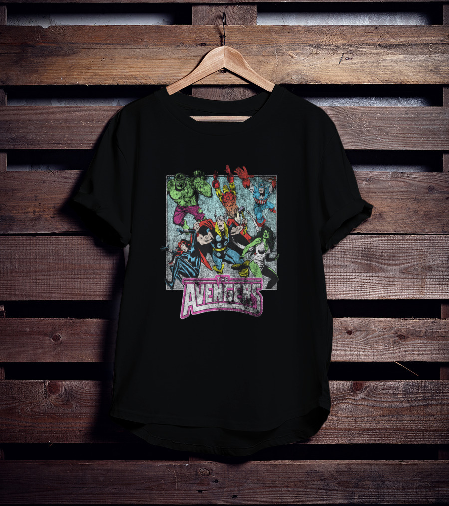 Marvel Avengers The Hulk Thor Captain America Iron Man Black Widow She-Hulk Classic Group Action T-Shirt