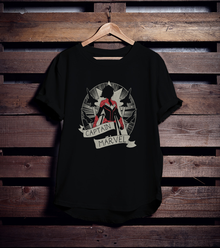 Captain Marvel Silhouette With Jet Planes And Starburst Circle T-Shirt