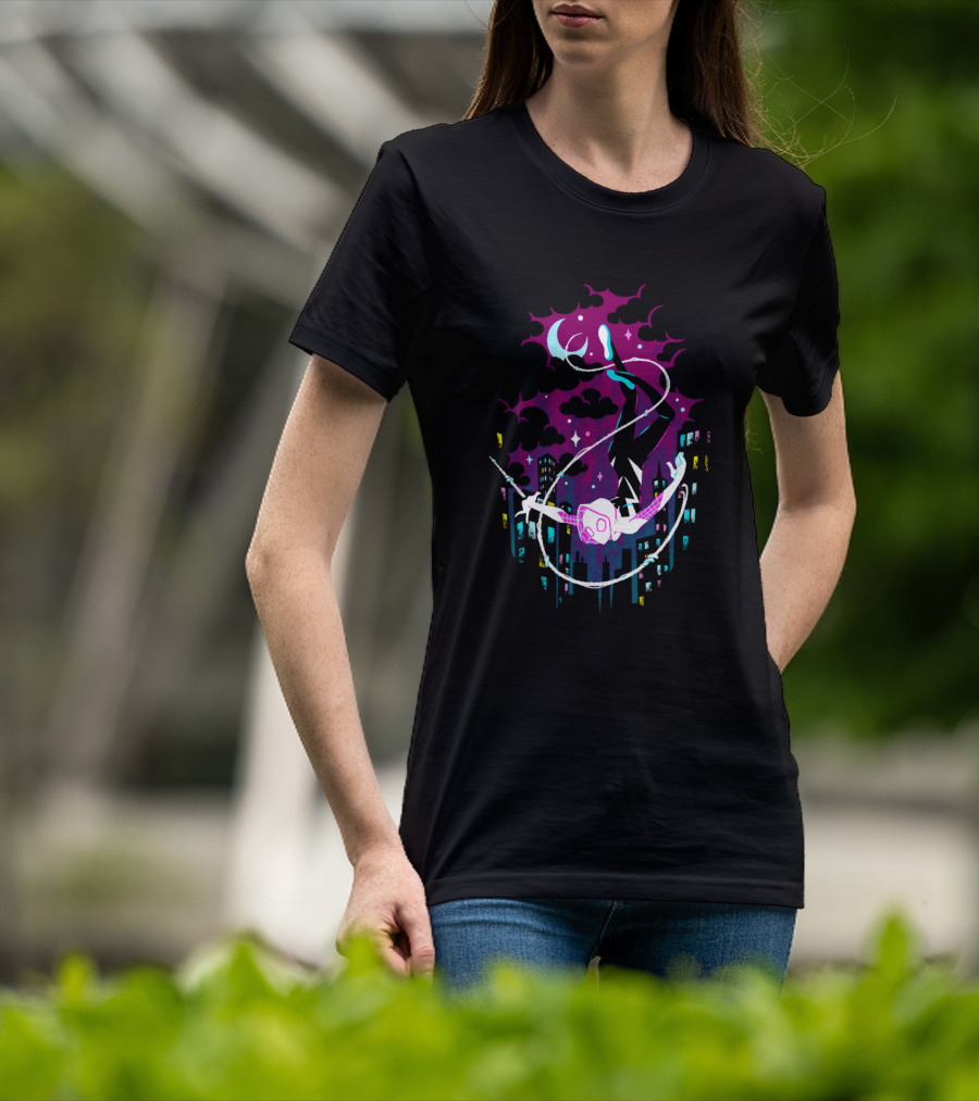 Marvel Ghost Spider Swinging Through Neon City Skyline T-Shirt