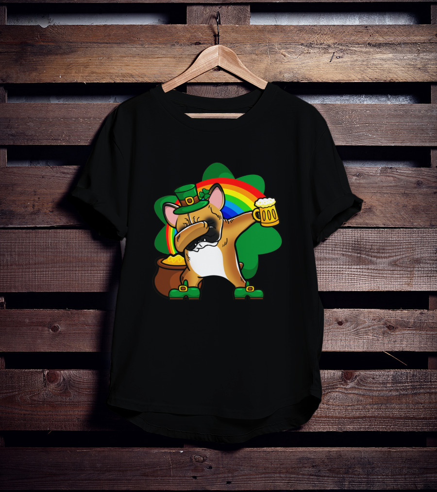 French Bulldog Dabbing Leprechaun With Beer And Rainbow St Patrick's Day T-Shirt