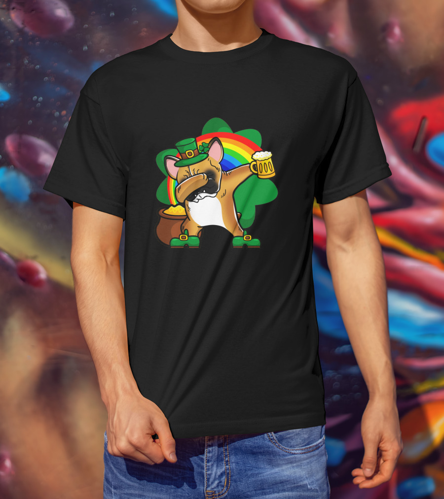 French Bulldog Dabbing Leprechaun With Beer And Rainbow St Patrick's Day T-Shirt