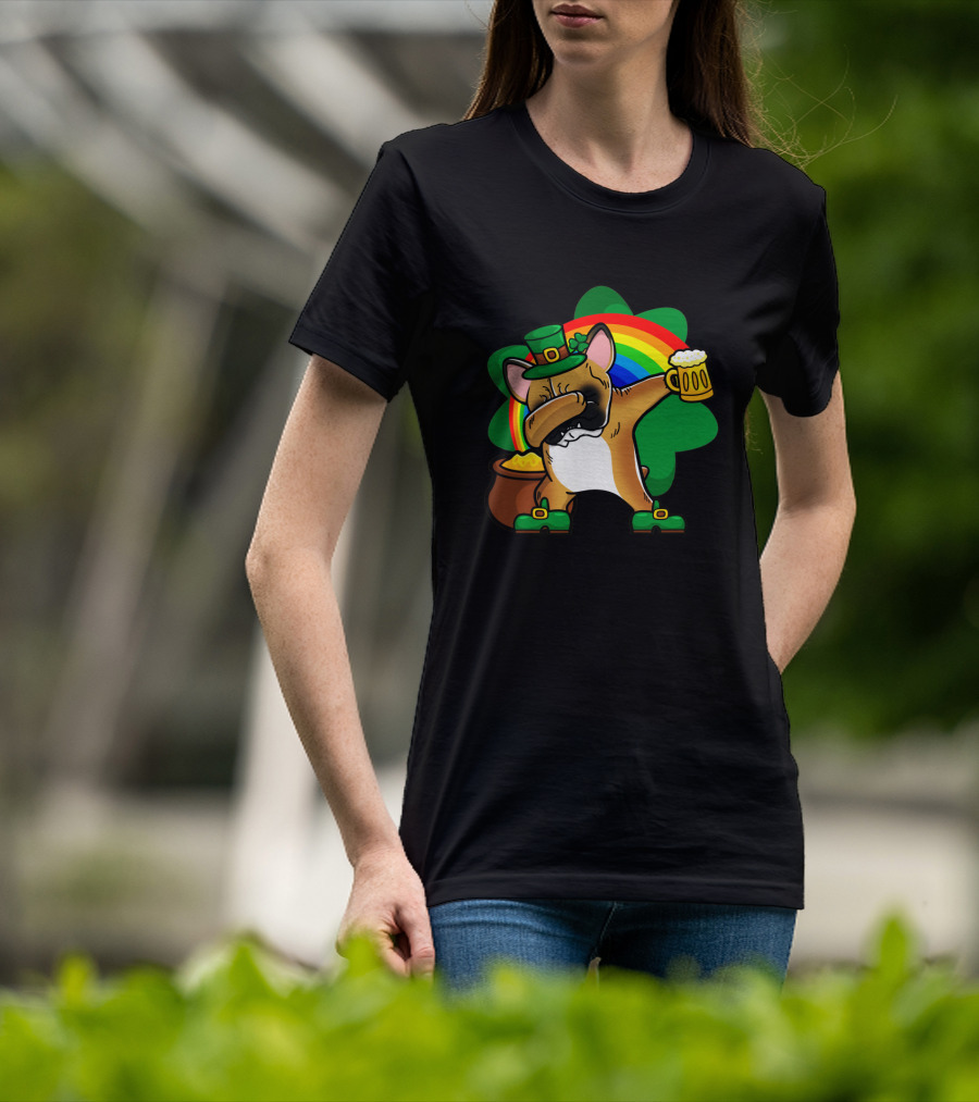 French Bulldog Dabbing Leprechaun With Beer And Rainbow St Patrick's Day T-Shirt