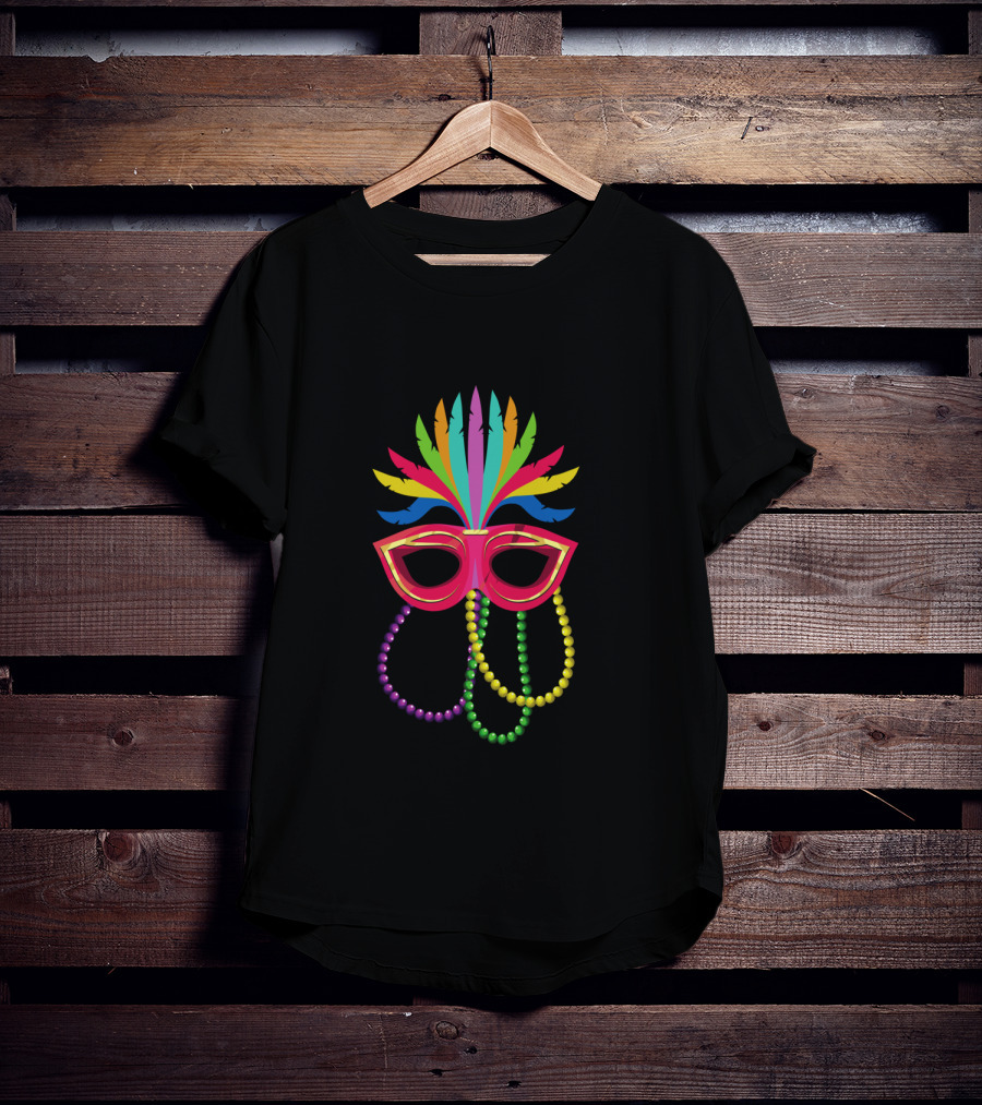Colorful Feathered Mask With Mardi Gras Beads T-Shirt