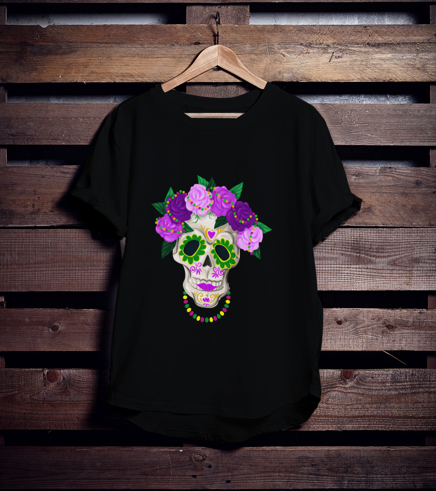 Mardi Gras Day Sugar Skull With Floral Crown And Beads T-Shirt