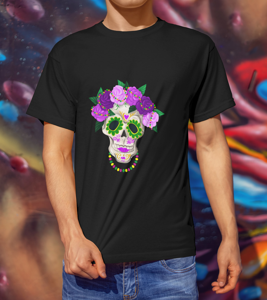 Mardi Gras Day Sugar Skull With Floral Crown And Beads T-Shirt