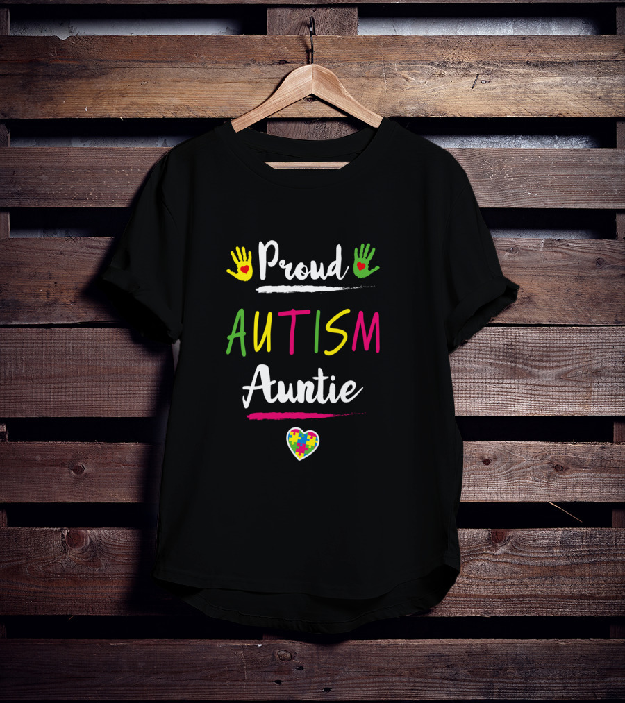 Proud Autism Auntie Colorful Heart Handprints Autism Awareness Day T-Shirt