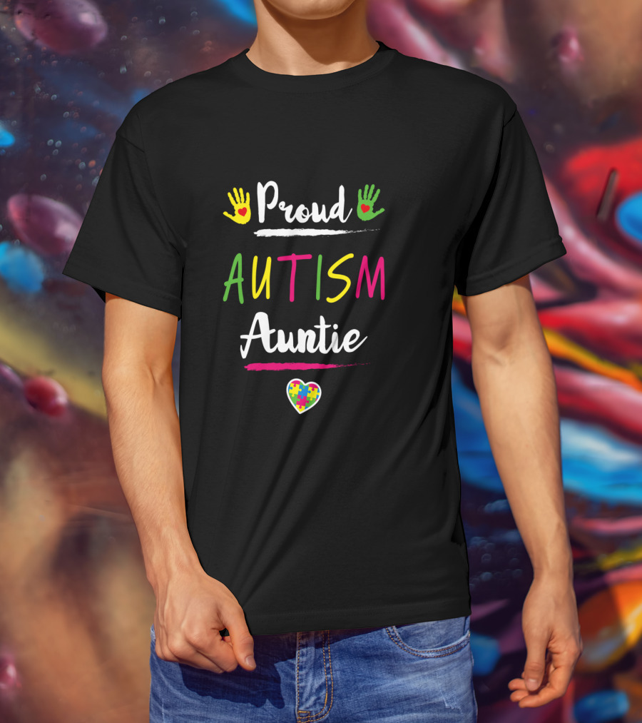 Proud Autism Auntie Colorful Heart Handprints Autism Awareness Day T-Shirt