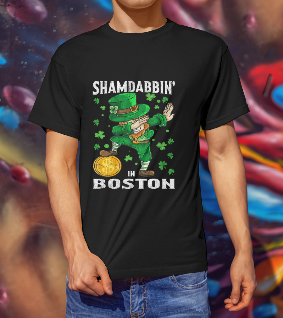 Shamdabbin In Boston Dabbing Leprechaun With Gold Coin And Shamrocks T-Shirt