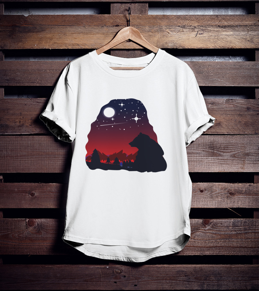 Bear Wildlife Animal Stargazing In Mountain Night Scene T-Shirt