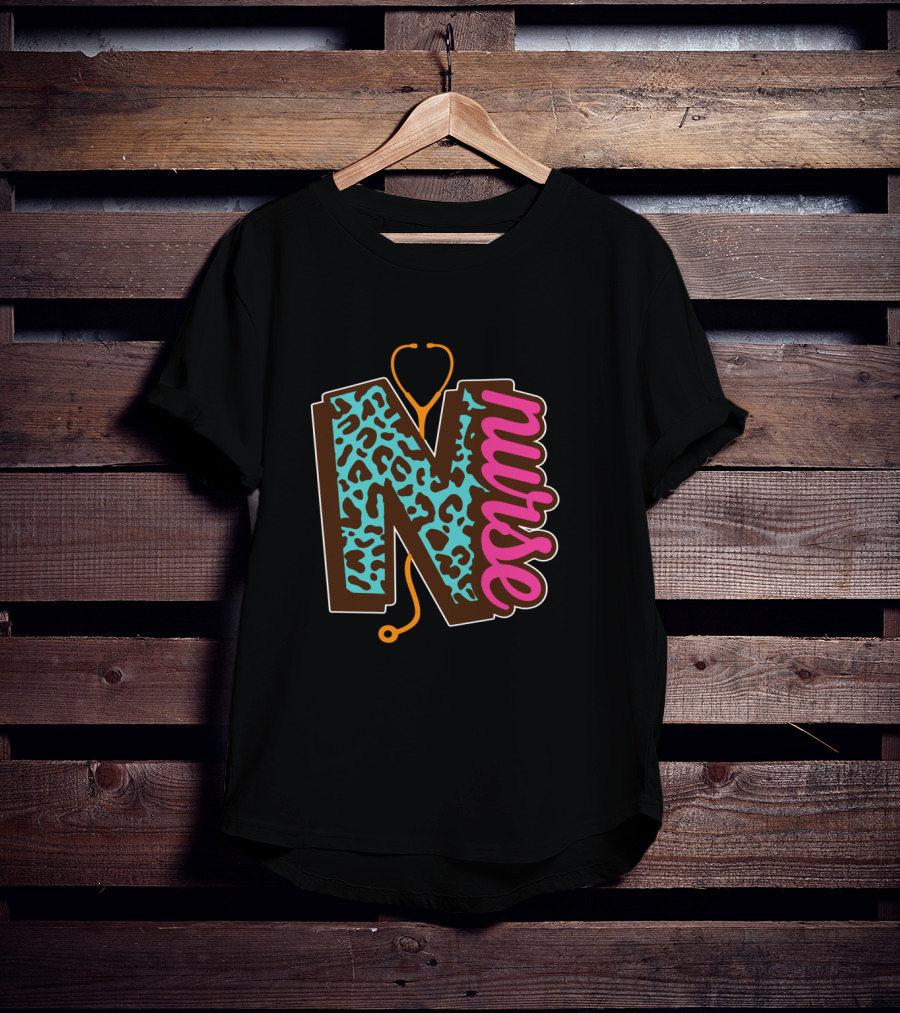 Nurse Leopard Print Stethoscope Lettering T-Shirt