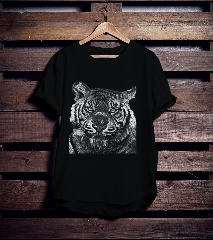 Tiger Large Cat Jungle Wildlife Black White T-Shirt