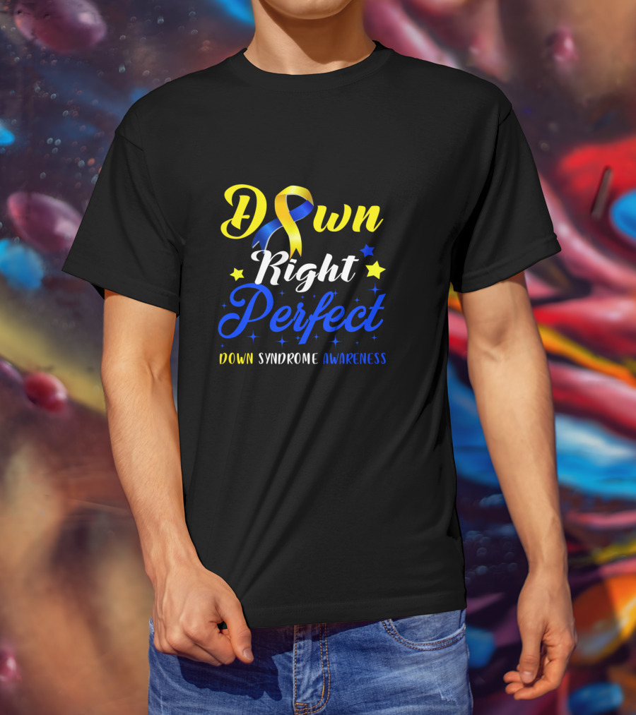 Down Syndrome Awareness Down Right Perfect Yellow Blue Ribbon Stars T-Shirt