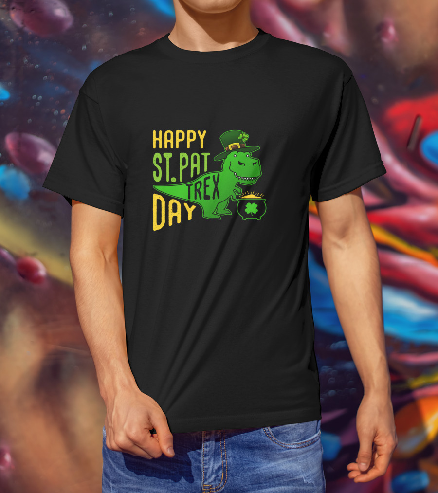 Happy St Pat Day T-Rex Dinosaur With Hat And Pot Of Gold T-Shirt