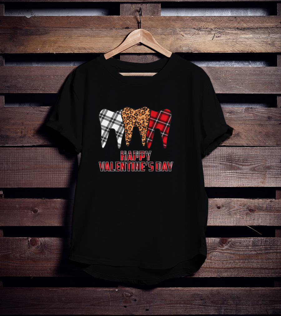 Happy Valentine's Day Plaid Leopard Dentist Teeth T-Shirt