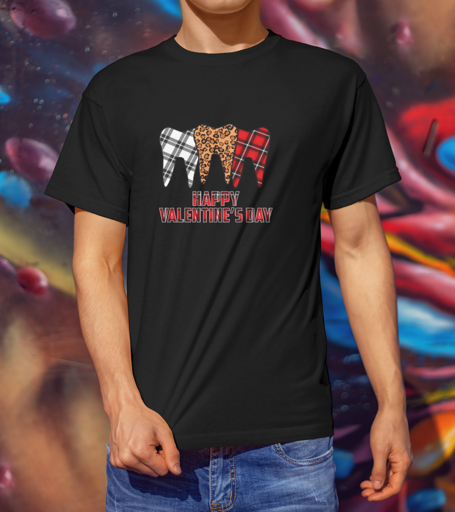 Happy Valentine's Day Plaid Leopard Dentist Teeth T-Shirt