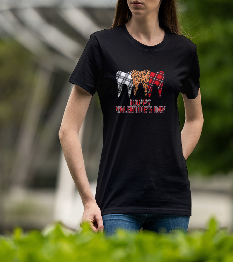 Happy Valentine's Day Plaid Leopard Dentist Teeth T-Shirt