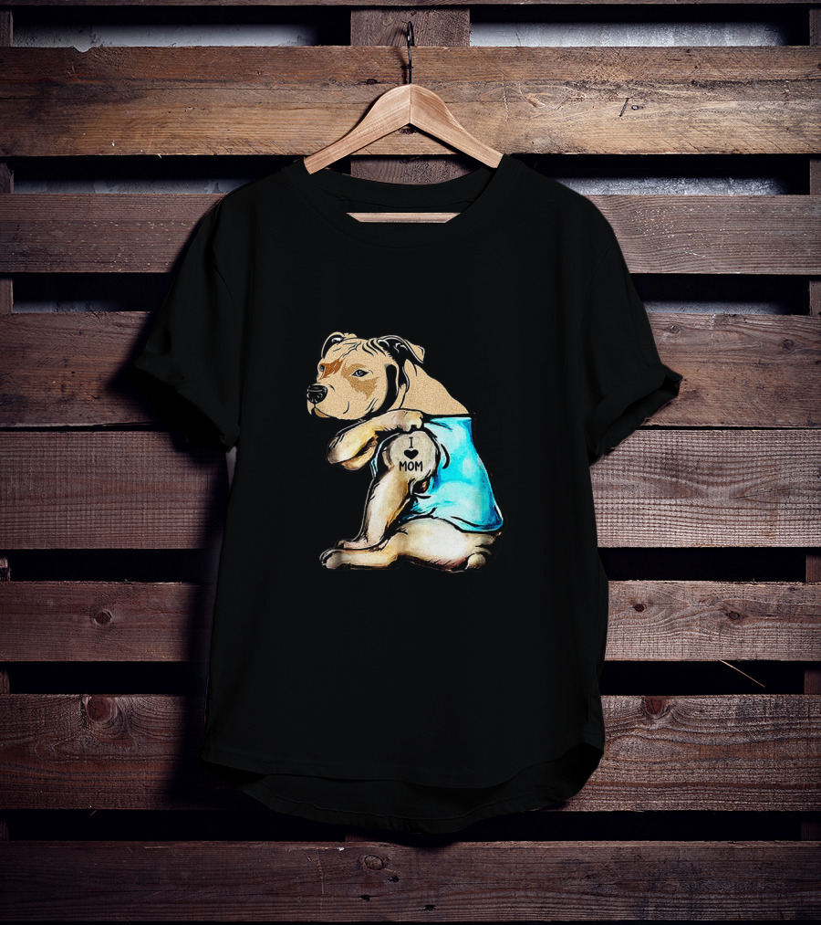 Pit Bull I Love Mom Tattooed Dog In Blue T-Shirt