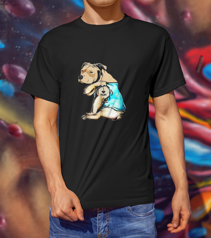 Pit Bull I Love Mom Tattooed Dog In Blue T-Shirt
